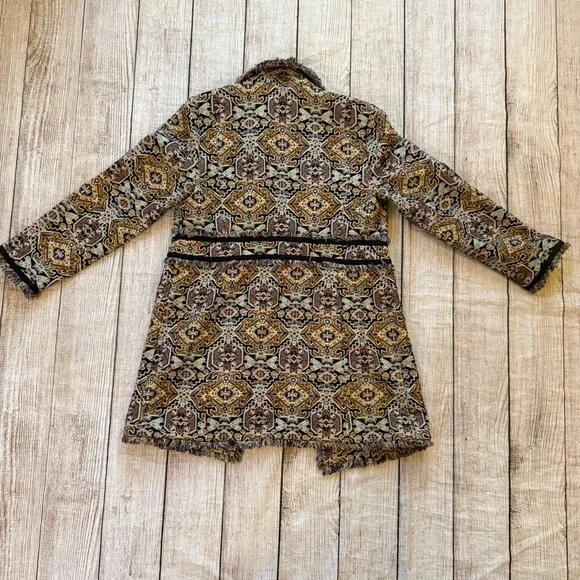 Chico’s Tapestry Jacquard Topper Coat Size 8/10 Fringe-Trim Baroque Brown Tan - Picture 10 of 15